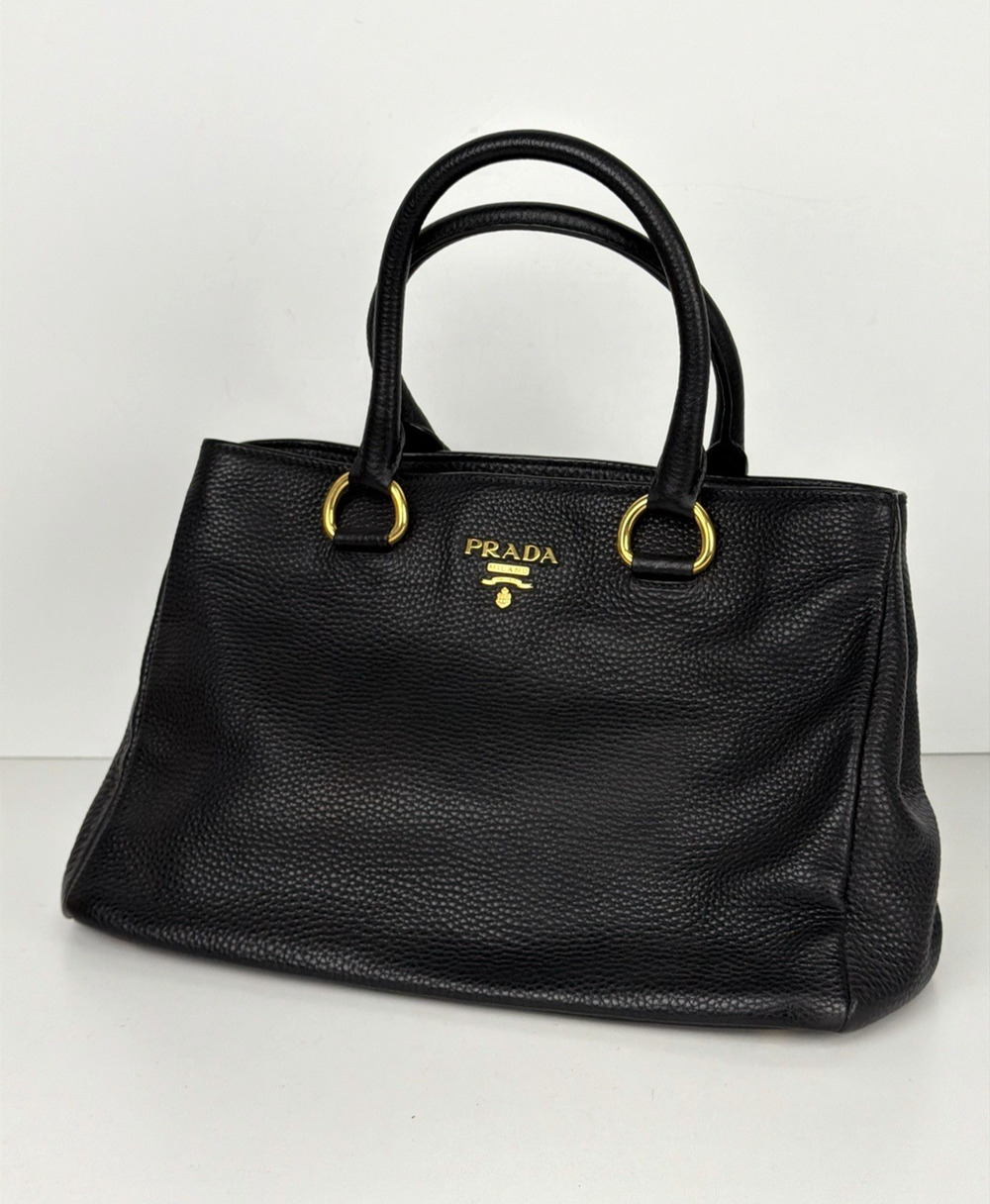 Prada Vitello Daino Medium Top Handle Bag in Black Leather Gold-Tone Hardware E6